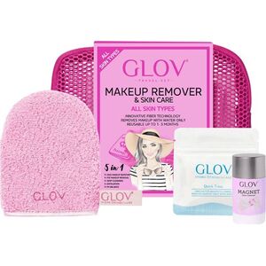 Glov Kelioninis rinkinys Glov Pink: makiažo valymo pirštinė On-The-Go + makiažo koregavimo pirštinė Quick Treat + makiažo valymo pirštinių valiklis Magnet Cleanser + kosmetinė