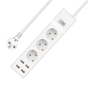 Extension socket No brand, 3 way, 250V, 16A, Cable, 3m., 4 x USB F, With switch, White - 17886 έως 12 άτοκες Δόσεις