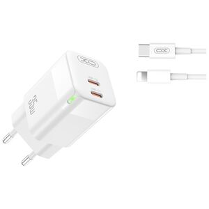 XO wall charger CE07 PD 35W 2x USB-C white + USB-C - Lightning cable 6920680833030