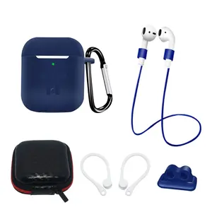 Set of AirPods 2 / AirPods 1 silicone case + case / ear hook / neck strap / watch strap holder / carabiner - blue