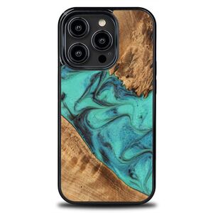 iPhone 15 Pro Bewood Unique Turquoise Wood and Resin Case - Turquoise and Black