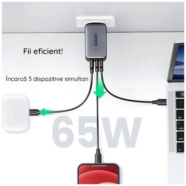 Ugreen Incarcator Priza USB-A QC 3.0, 2xUSB-C PD GaN 65W, 3.25A - Ugreen Nexode (15334) - White 6941876213344 έως 12 άτοκες Δόσεις