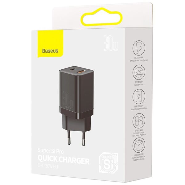 Baseus Priza Charger, 2in1, 30W - Baseus Super Si Pro (CCSUPP-E01) - Black 6953156206342 έως 12 άτοκες Δόσεις