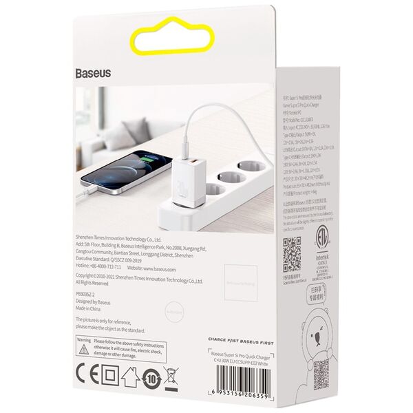 Baseus Priza Char charger, 2in1, 30W - Baseus Super Si Pro (CCSUPP-E02) - White 6953156206359 έως 12 άτοκες Δόσεις