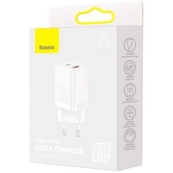 Baseus Priza Char charger, 2in1, 30W - Baseus Super Si Pro (CCSUPP-E02) - White 6953156206359 έως 12 άτοκες Δόσεις