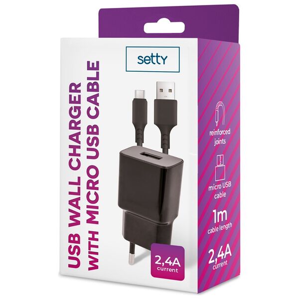 Setty charger 1x USB 2,4A black + microUSB cable 1,0 m NEW 5900495922069