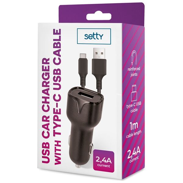 Setty car charger 1x USB 2,4A black + USB-C cable 1,0 m 5900495922007