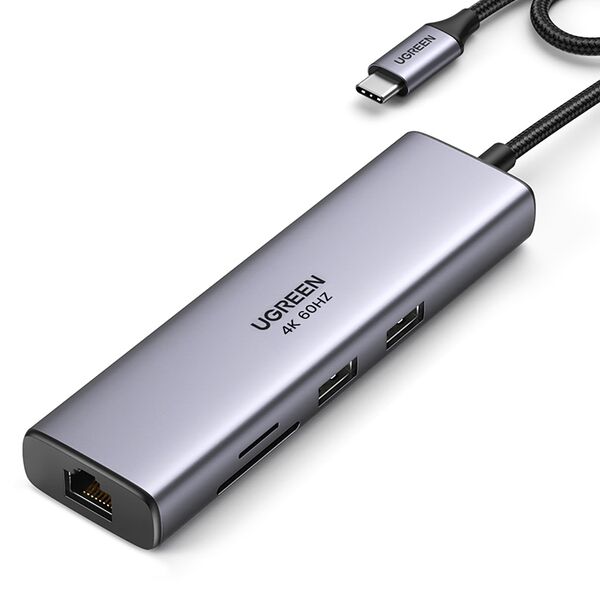 Ugreen CM512 90568 USB-C adapter - 2x USB-A 3.0 / HDMI / RJ45 / SD and TF card reader / USB-C PD 100W - gray 6957303895687