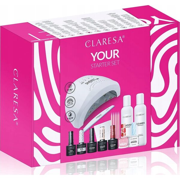 CLARESA_SET Your Starter Primer bezkwasowy 5g + baza Power 01 5g + Top Diamond No Wipe 5g + lakier 419 Red 5g + lakier 122 Nude 5g + Cuticle Remover 5g + oliwka do skórek Strawberry 5ml + Remover 100ml + lampa UV/LED L1 + Pilnik + patyczki 5szt.