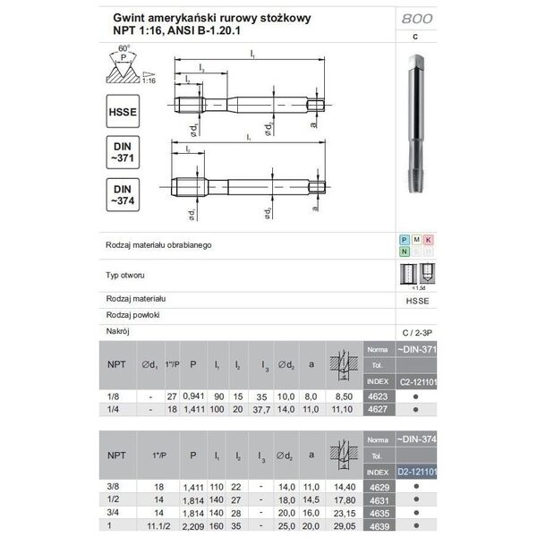 Fanar GWINTOWNIK NPT 1"-11.1/2 DIN-374C HSSE 800