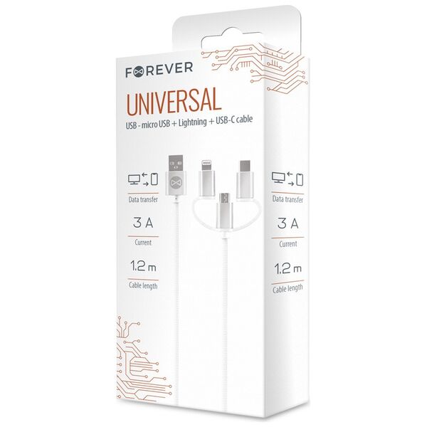 Forever 3in1 cable USB - Lightning + USB-C + microUSB 1,2 m 3A white 5900495974860