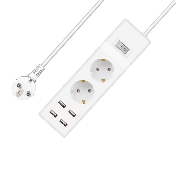 Extension socket No brand, 2 way, 250V, 16A, Cable, 1.5m., 4 x USB F, With switch, White - 17883 έως 12 άτοκες Δόσεις