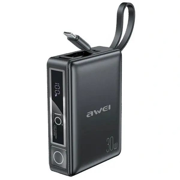 AWEI P87K 10000mAh 30W powerbank with built-in USB-C cable black AWEI229 6954284008624