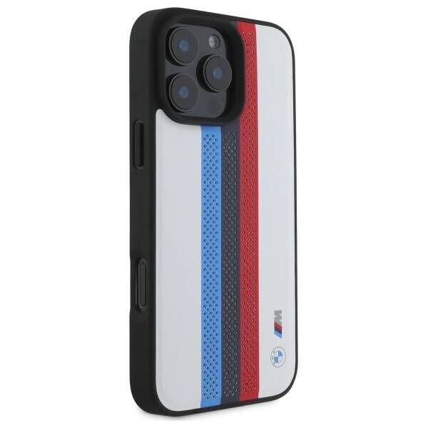 Original Case IPHONE 16 PRO MAX BMW Hardcase M Perforated Tricolor Printed Stripes MagSafe (BMHMP16X23PUPTH) white 3666339324193