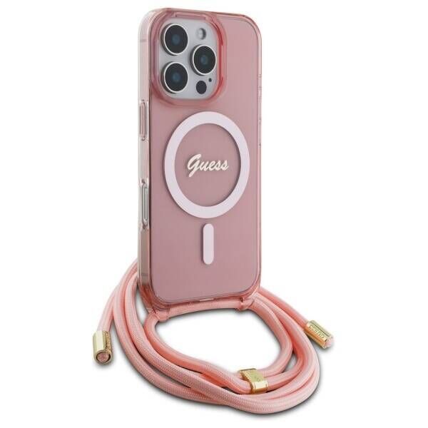 Original Case IPHONE 16 PRO Guess Hardcase Crossbody Cord Script MagSafe (GUHMP16LHCTSGNSP) pink 3666339345907