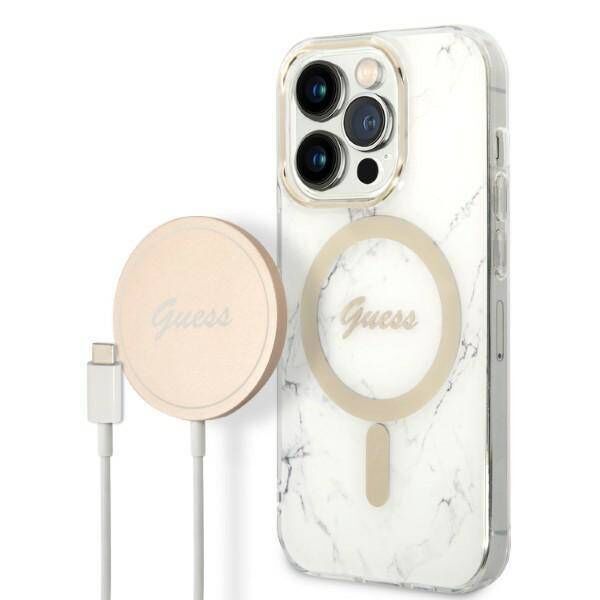 Original Case IPHONE 14 PRO Guess Hardcase Marble MagSafe + Wireless Charger (GUBPP14MHMEACSH) white 3666339103200