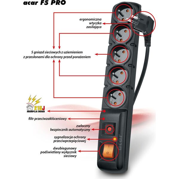 Πολύπριζο Acar F5 PRO, 5 πρίζες, 3 m, μαύρο (W0093) 378878 5904743285405