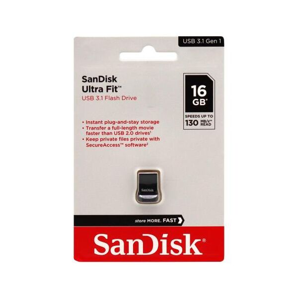 USB 3.1 Flash Disk SanDisk Ultra Fit SDCZ430 USB A 16GB 130MB/s Μαύρο 619659163372 έως και 12 άτοκες δόσεις