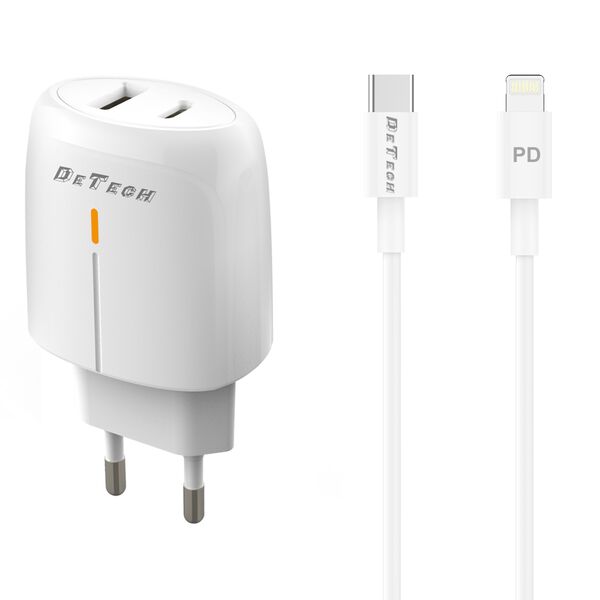 Φορτιστής δικτύου DeTech DE-31PDL, 20W,  καλώδιο Type-C to Lightning, 1 x Type-C F, 1 x USB F, PD, λευκό - 40323