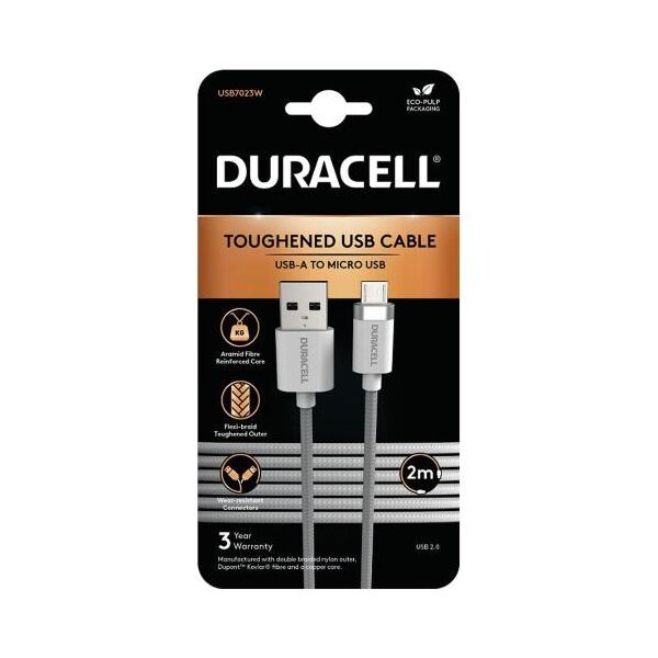 Καλώδιο Σύνδεσης USB 2.0 Duracell Braided Kevlar USB A σε Micro USB 2m Λευκό 5056304310326 5056304310326 έως και 12 άτοκες δόσεις