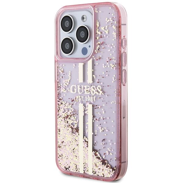 Guess case for iPhone 15 Pro 6,1&quot; GUHCP15LLFCSEGP pink HC LIQ. GLITTER GOLD STRIPES 3666339223687