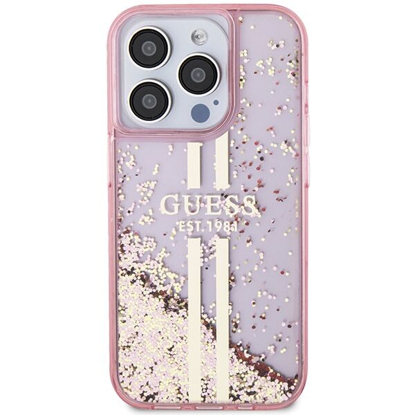 Guess case for iPhone 15 Pro 6,1&quot; GUHCP15LLFCSEGP pink HC LIQ. GLITTER GOLD STRIPES 3666339223687