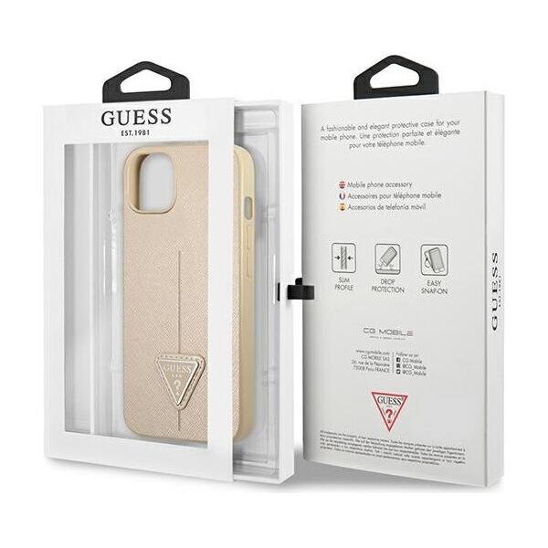 Guess case for iPhone 14 Plus 6,7&quot; GUHCP14MPSATLE beige hardcase Saffiano Triangle Logo 3666339065416