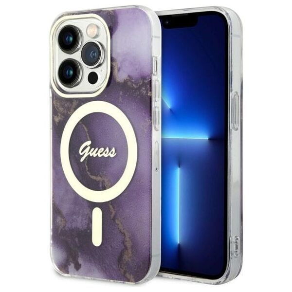 Guess case for iPhone 14 Pro 6,1&quot; GUHMP14LHTMRSU purple hard case Golden Marble MagSafe 3666339115852