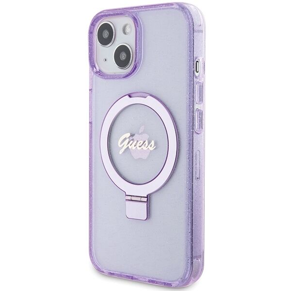 Guess case for iPhone 15 Plus 6,7&quot; GUHMP15MHRSGSU purple HC RING STAND MAGSAFE SCRIPT LOGO GLITTER 3666339156756