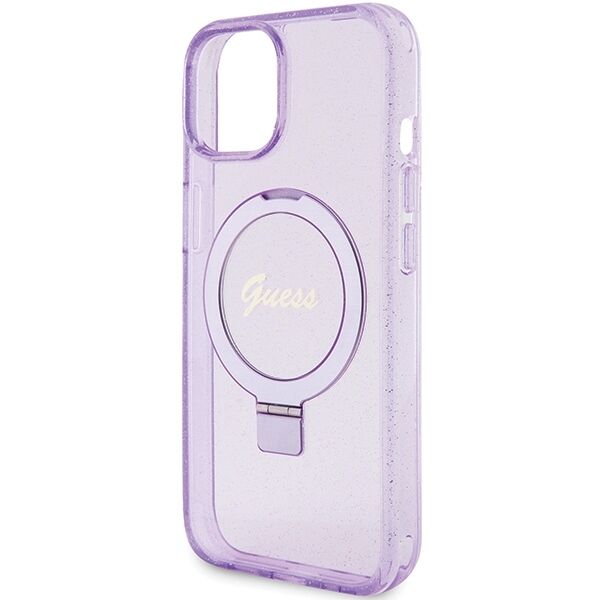 Guess case for iPhone 15 Plus 6,7&quot; GUHMP15MHRSGSU purple HC RING STAND MAGSAFE SCRIPT LOGO GLITTER 3666339156756