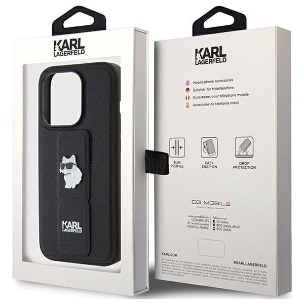 Karl Lagerfeld case for iPhone 15 Pro 6,1&quot; KLHCP15LGSACHPK black GRIPSTAND SAFFIANO CHOUPETTE PINS 3666339207458