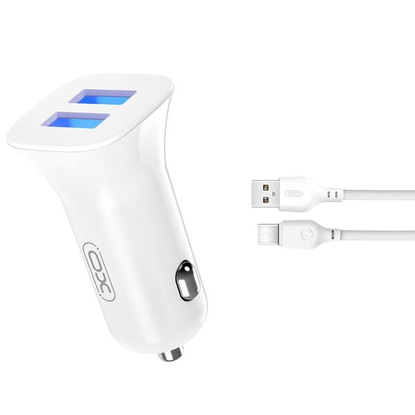 XO car charger TZ10 2x USB 2,4A white + USB-C cable 6920680875955