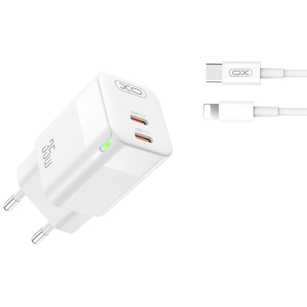 XO wall charger CE07 PD 35W 2x USB-C white + USB-C - Lightning cable 6920680833030