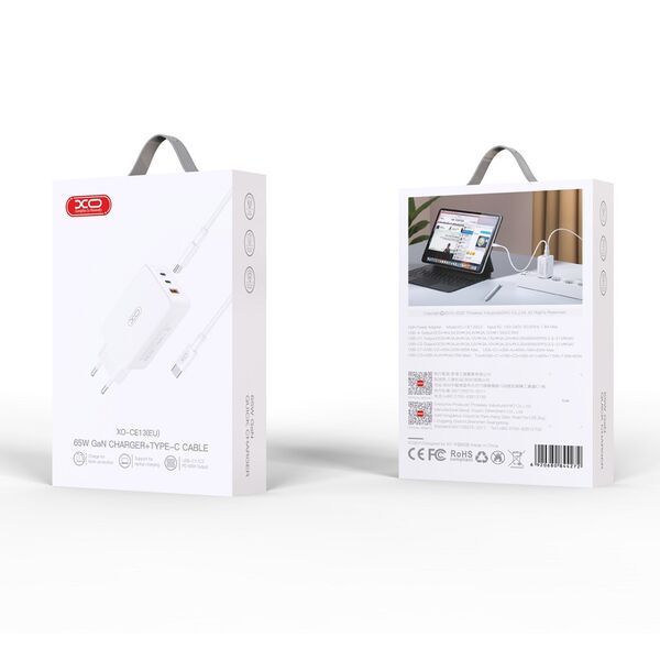 XO wall charger CE13 PD QC 3.0 65W 1x USB 2x USB-C white + USB-C - USB-C cable 6920680844289