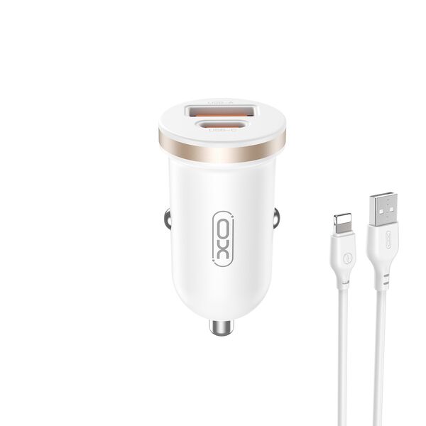 XO car charger CC56 PD 30W QC 1x USB 1x USB-C white + USB - Lightning cable 6920680848263