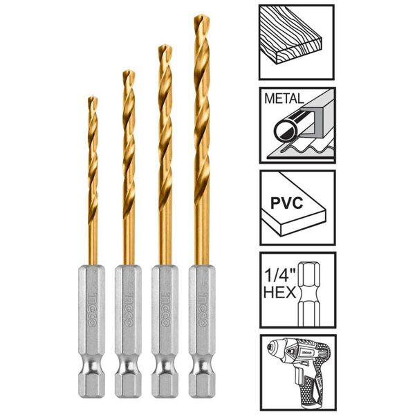 Ingco Τρυπάνια Μετάλλου hss με Υποδοχή 1/4" 1.5-4mm σετ 4 Τεμ. Akd1401 6928073680575 έως 12 Άτοκες Δόσεις