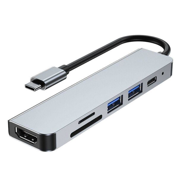 Splitter 6in1 USB HUB USB-C to 2xUSB + HDMI + USB-C + SD Card Reader + micro SD Adapter Tech-Protect V4-HUB grey 9589046919343