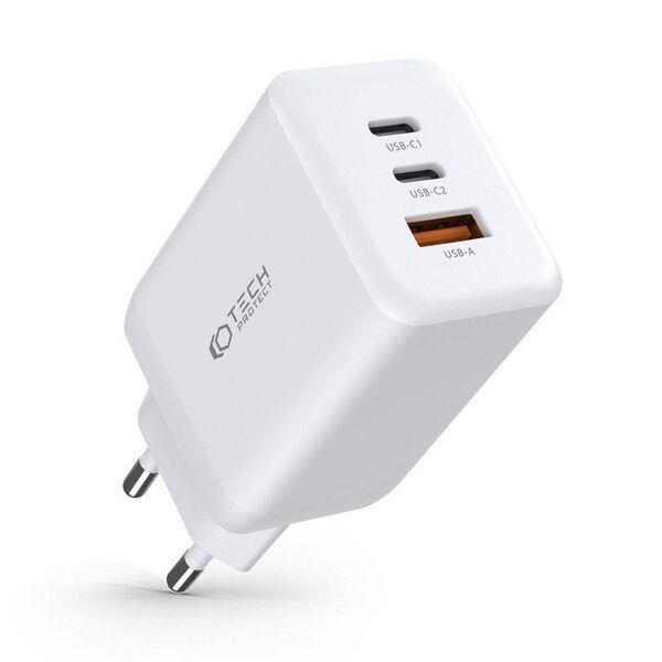 Wall Charger 65W 2x USB-C PD + QC3.0 USB Tech-Protect C65W white 9490713934517