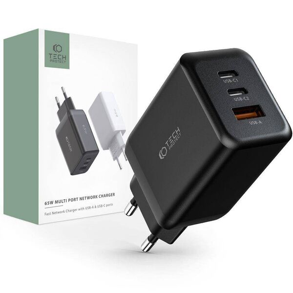 Wall Charger 65W 2x USB-C PD + QC3.0 USB Tech-Protect C65W black 9490713934524