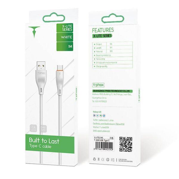 Cable 3A 1m USB - USB-C T-Phox X-Lite white 6974670442542