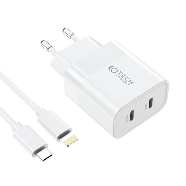 Wall Charger PD 20W 2x USB-C + Cable USB-C - Lightning Tech-Protect C20W white 9319456607307