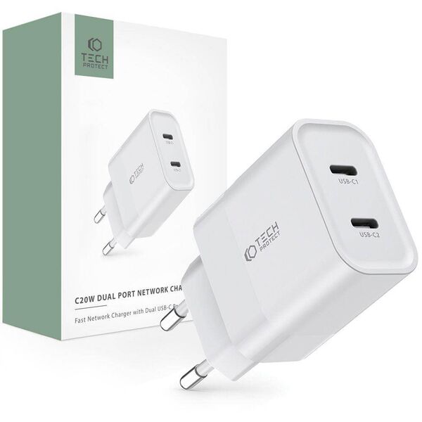 Wall Charger PD 20W 2x USB-C Tech-Protect C20W white 9319456607093