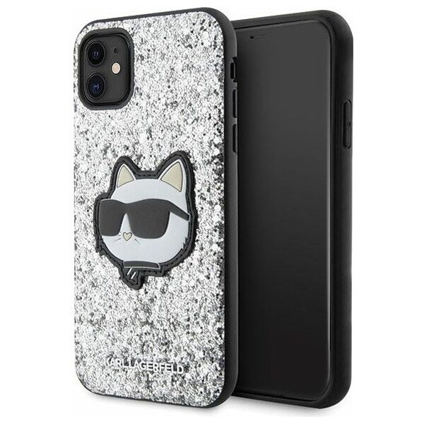 Karl Lagerfeld case for iPhone 11 / XR KLHCN61G2CPS silver hardcase Glitter Choupette Patch 3666339170035