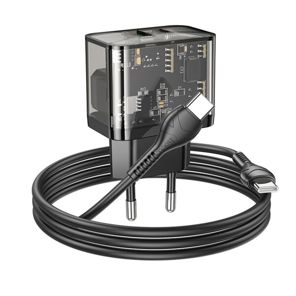 Hoco Incarcator USB, Type-C, QC3.0, 20W + Cablu Type-C, 1m - Hoco Dazzling (N34) - Transparent Black 6931474799180 έως 12 άτοκες Δόσεις