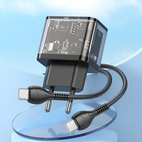Hoco Incarcator USB, Type-C, QC3.0, 20W + Cablu Type-C, 1m - Hoco Dazzling (N34) - Transparent Black 6931474799180 έως 12 άτοκες Δόσεις