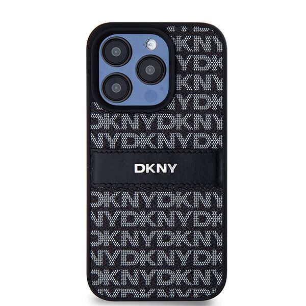 DKNY case for iPhone 15 Pro 6,1&quot; DKHCP15LPRTHSLK black HC PU repeat texture pattern w tonal stripe 3666339260415