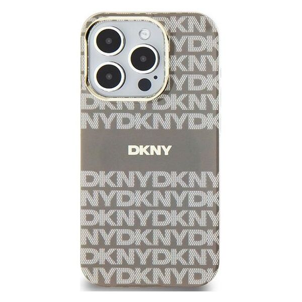 DKNY case for iPhone 15 6,1&quot; DKHMP15SHRHSEE beige HC Magsafe pc tpu repeat texture pattern w stripe 3666339267957