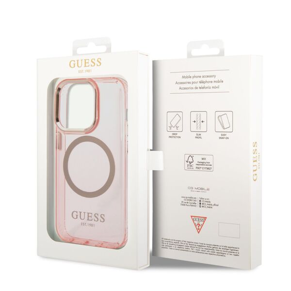 Guess case for iPhone 14 Pro 6,1&quot; GUHMP14LHTCMP pink hardcase Magsafe Gold Outline Translucent 3666339069681