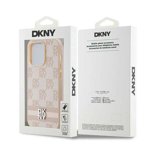 Original Case IPHONE 14 PRO DKNY Hardcase Leather Checkered Mono Pattern & Printed Stripes (DKHCP14LPCPTSSP) pink 3666339263591