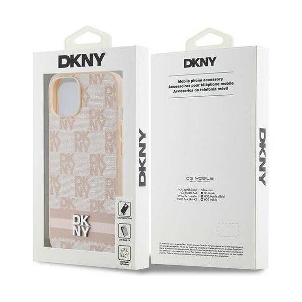 Original Case IPHONE 13 / 14 / 15 DKNY Hardcase Leather Checkered Mono Pattern & Printed Stripes (DKHCP14SPCPTSSP) pink 3666339263577